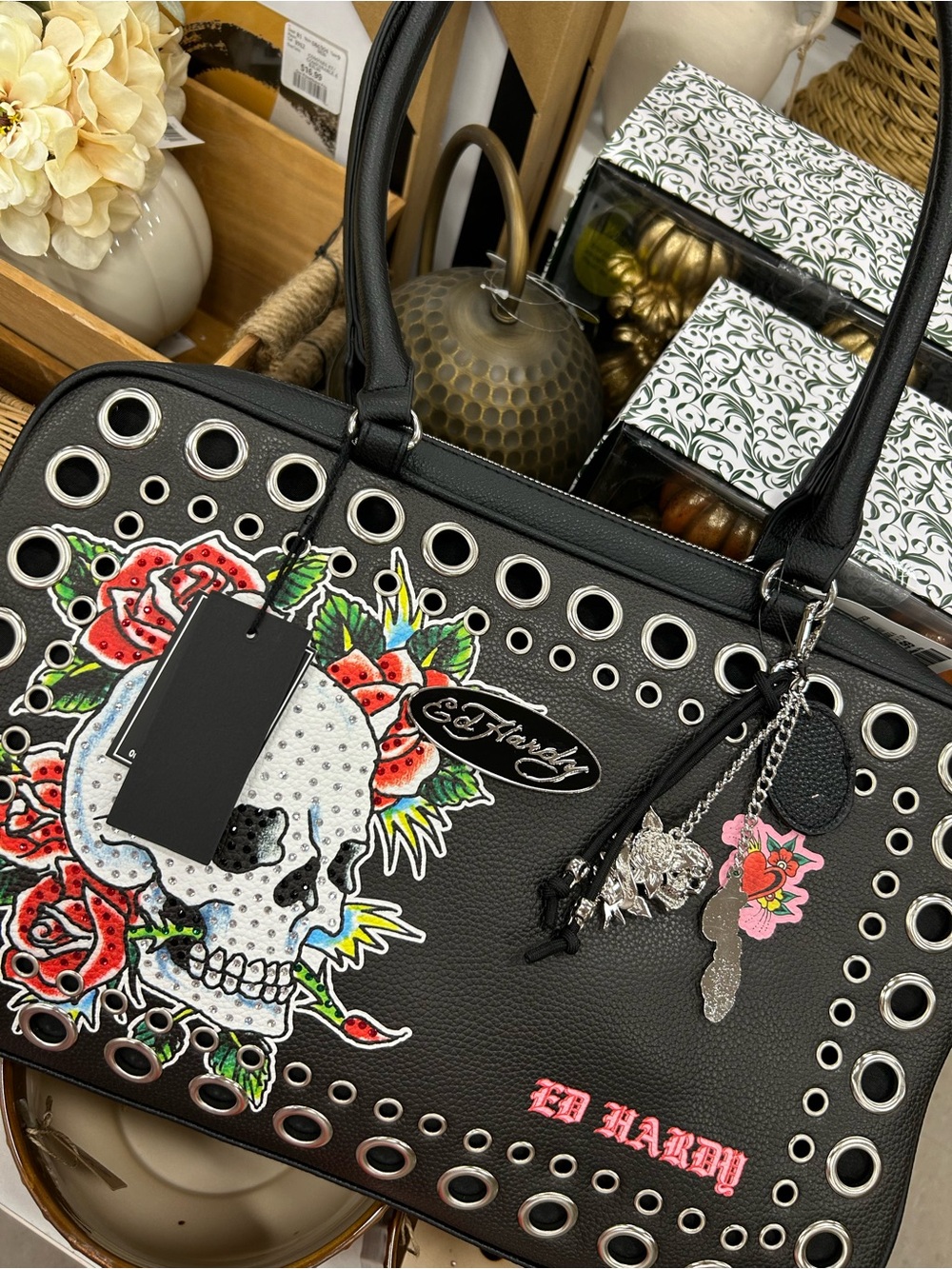 Ed Hardy Black Tote with Skull & Rose Graphic Messenger Laptop Work Bag 💀🥀